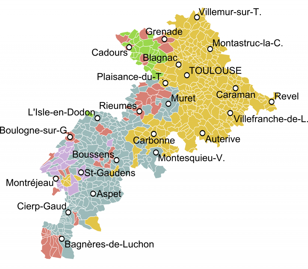 Carte de la Haute-Garonne montrant les circuits courts et les partenaires locaux de la Boucherie Le Billot à Saint-Alban