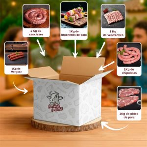 Colis Barbecue composé de 1 kg de merguez, 1 kg de chipolatas, 1 kg de saucisses fraîches, 1 kg de ventrèches de porc, 1 kg de brochettes de porc et 1 kg de côtes de porc. Boucherie Le Billot Saint-Alban.