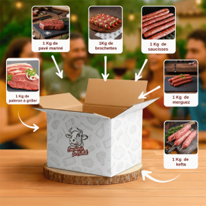 Colis bœuf d’été – assortiment de 5 kg de viandes de bœuf françaises : pavé mariné, brochettes, saucisses, merguez et kefta, préparées artisanalement à la Boucherie Le Billot à Saint-Alban