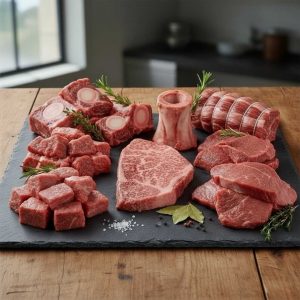 Colis Bœuf 6 kg composé de pot-au-feu, bourguignon, paleron à griller, jarret avec os, beef à griller et rôti de bœuf. Boucherie Le Billot Saint-Alban.