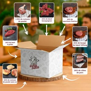 Colis Économique Hiver composé de cuisses de poulet, bœuf bourguignon, saucisses fraîches, beef à griller, burger de bœuf 15 % MG, côtes de porc et cuisses de poulet sans os. Boucherie Le Billot Saint-Alban.