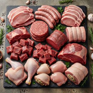 Colis Gargantua d’Hiver composé d’escalopes de porc, saucisses fraîches, côtes de porc, rôti de porc, bourguignon, burger de bœuf 15 % MG, rôti de bœuf, fondue bourguignonne, beef, cuisses de dinde, cuisses de poulet, cuisses de poulet farcies, cuisses de poulet désossées et rôti de dinde farci. Boucherie Le Billot Saint-Alban.