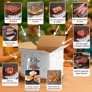 Colis Gourmand d’Été composé de brochettes de bœuf, brochettes de porc, brochettes de volaille, brochettes de kefta, côtes de porc, steak à burger 15% MG, pavé de bœuf mariné, saucisses fraîches, cuisses de poulet sans os et ailes de poulet marinées. Boucherie Le Billot Saint-Alban.