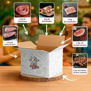 Colis porc d’été – assortiment de viandes de porc françaises (côtes, ventrèches, rouelle, brochettes et saucisses) préparé par la Boucherie Le Billot à Saint-Alban