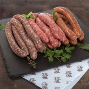 Colis saucisses d’été – assortiment de saucisses de porc, bœuf, basques, chorizo et merguez préparées par la Boucherie Le Billot à Saint-Alban