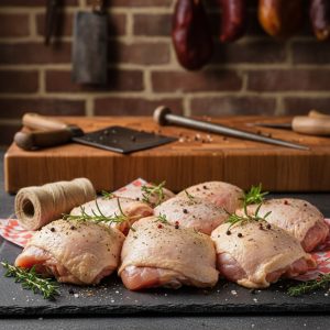Cuisses de poulet avec os – Formule 3kg+, préparées à la Boucherie Le Billot à Saint-Alban à partir de volailles françaises élevées en Occitanie.